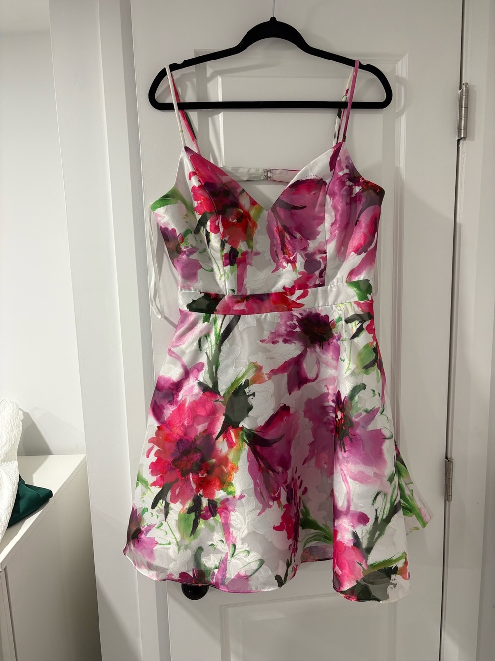 Xscape White Dress with Pink & Green Floral Print